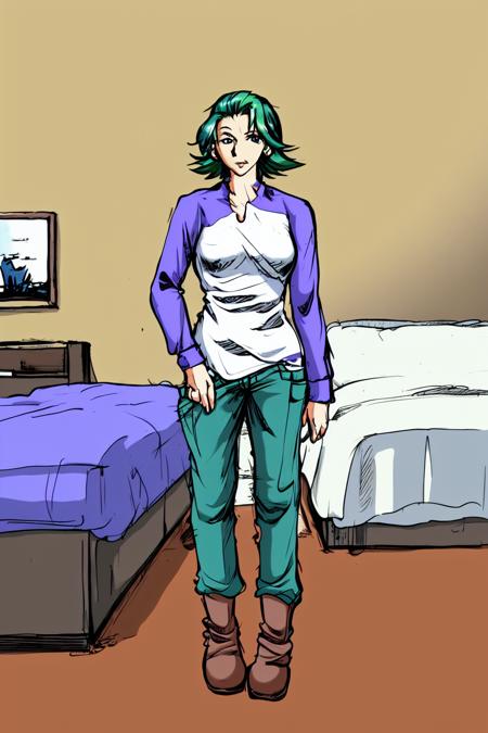 (masterpiece,best quality:1.1),1girl,solo,mature female,looking at viewer,standing,indoors,in bedroom,(long sleeve shirt,pants,boots),desert,small breasts,barefoot,short hair,messy hair,((green hair)),centered <lora:LORA-XenoDetailer-v2:0.1>