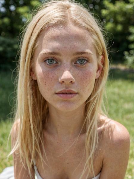 portrait of a 22 year old blonde with bright eyes, mini skirt, no makeup, freckles, beauty spots, natural, summer cottage, submissive expression, hard shadows, soft lighting, sharp focus, skin details