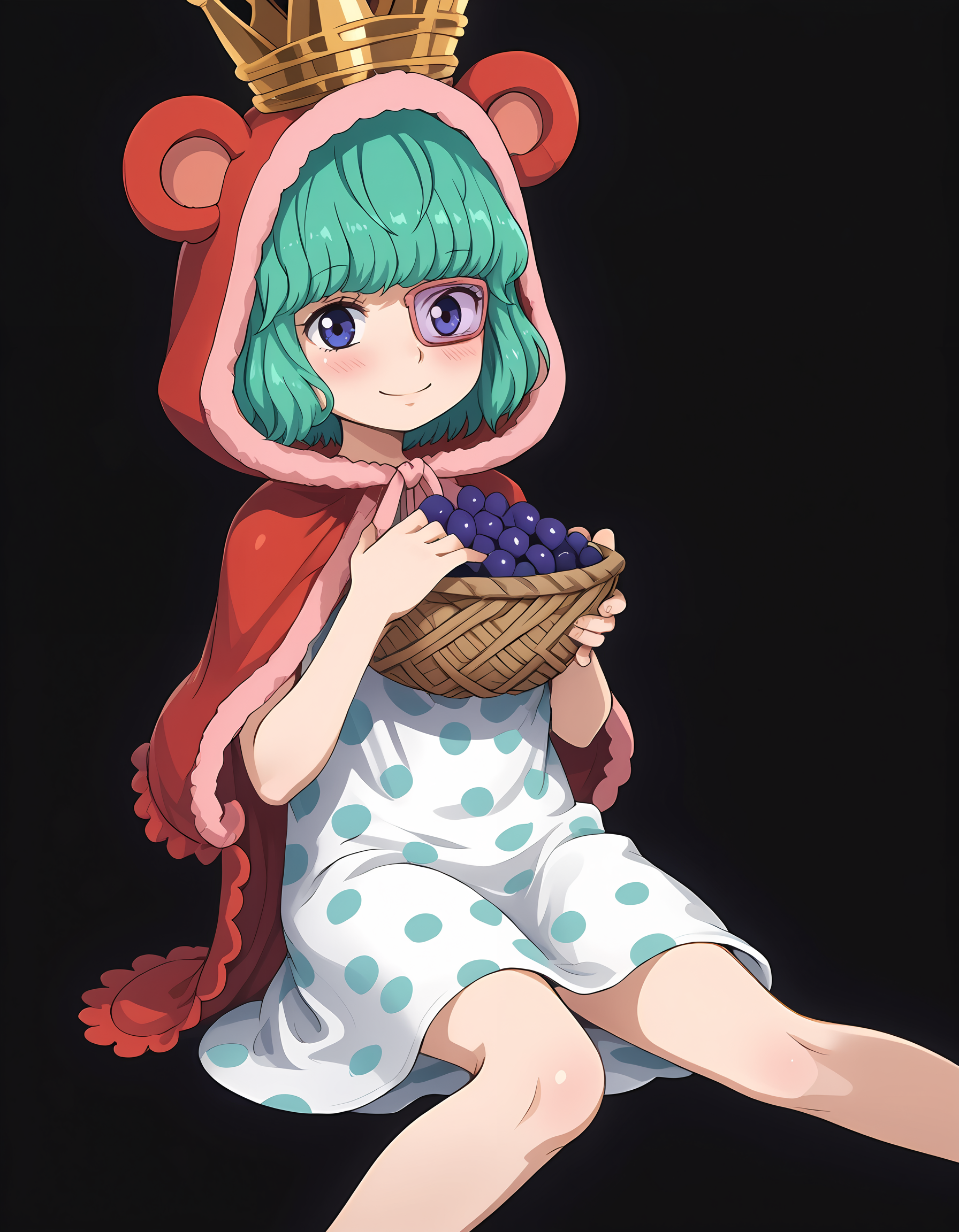 A young girl with a gentle smile, teal hair, blue eyes, and a pink monocle over one eye. She is wearing a white dress with teal polka dots, a red hooded cloak with bear ears, a golden crown, and a basket filled with large grapes. 