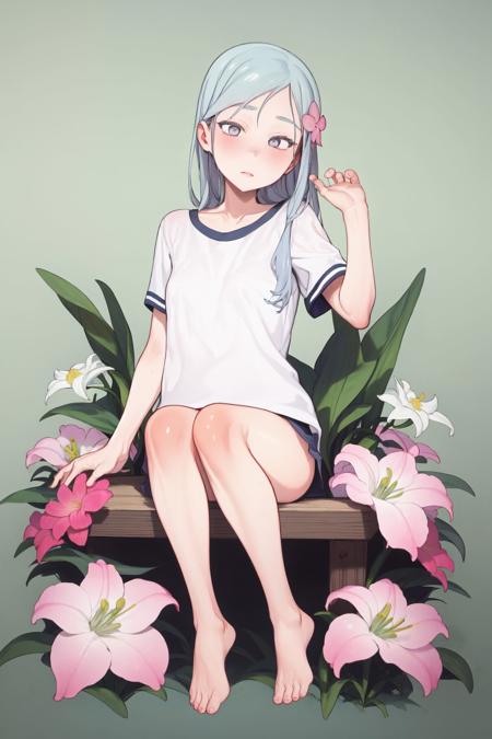 full body, solo, 1girl, nervous, light blue hair, white eyes, beautiful detailed face, beige compression shirt, Nerine_Lily \(flower\), floral background <lora:Mameojitan_style_v02.10.01.04:1>