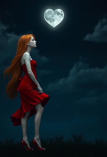 A sorrowful woman with pale white skin and long, flowing ginger hair stands alone beneath the night sky. She wears a stunning red dress that hugs her figure, paired with elegant red high heels. Her expression is melancholic as she gazes up at the moon, which glows softly in the shape of a heart. The night is deep and vast, with gentle clouds drifting around the heart-shaped moon. A faint breeze lifts the hem of her dress, adding a sense of quiet motion. The scene is illuminated by the moon’s soft, silver glow, casting a romantic yet bittersweet atmosphere.