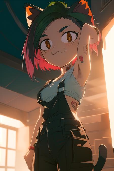 anime, 2d, hdr, soft light, ((best quality)), ((masterpiece)), (detailed), <lora:Judy_5_10-000009_2:0.8> judyalvarez, brown eyes, short green hair, multicolored hair, (undercut:1.1), tattoo, jewelry, crop top, overalls, neco-arc, :3, cat ears, chibi, cat girl, cat tail, solo, slit pupils, <lora:Neco-Arc:1>