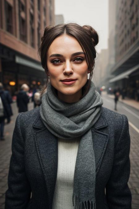 Photography of a classy woman's face,
dslr photo,
32k,
very sharp,
realistic,
highly-detailed-skin,
her hair is brown and short like she has the eerie glow that makes it feel like Keira Knightley when she was 18 years old,
it's cold and she is wearing a wool scarf and coat,
to otherworldly beauty in a dense urban setting setting against the soft light on their lips by jeremy mann,
smiling proudly,
hair in a tight bun,
8K resolution, 
high detail, ultra-high