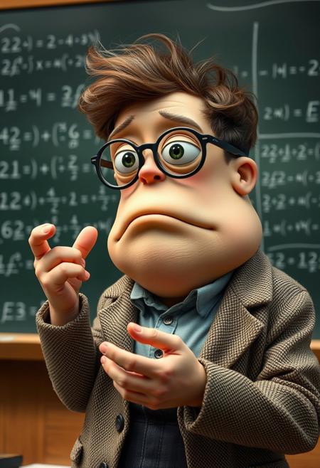 A blob creature, a dedicated teacher passionately explaining, eyes kind and engaging, wearing glasses and a tweed jacket; behind him, a blackboard filled with complex equations.