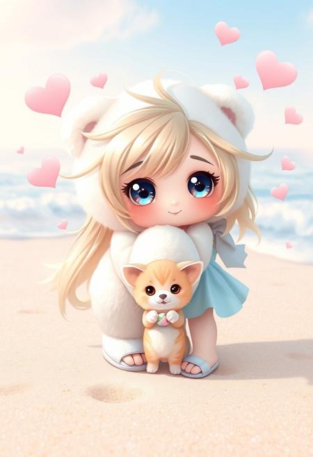 Big-eyed chibi anime art style, super adorable tiny flower fairy with huge sparkly eyes and messy long hair gently blowing in the breeze. She’s wearing a soft baby-blue dress and cute little sandals, standing on a dreamy pastel-colored beach. The sand is glittering like sugar, and gentle waves whisper behind her. She lovingly hugs an extra-fluffy giant white plush polar bear stuffed toy with wobbly googly eyes radiating pure love. Floating hearts in pink and blue swirl around them, along with soft flower petals. A sweet little kitten with big eyes playfully cuddles her feet, holding a tiny butterfly ball. Dreamy lighting, ultra-soft textures, pastel palette, whimsical and magical atmosphere. Artistic graphic concept with Flux model aesthetic — cute, cozy, full of love and cotton-candy vibes.