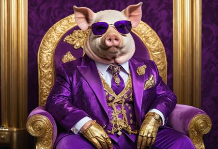 A humanoid | anthropomorphic pig dressed in a fancy suit, flaunting its wealth | Gold chains, fur on the shoulders | gold glasses | Sitting on a purple velvet throne at a mafia party