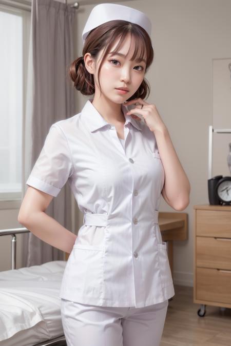 (photorealistic:1.4),(masterpiece:1.4),(best quality:1.4),ultra high res,HDR,8k resolution,detailed skin texture,detailed cloth texture,
aegyo sal,1girl,solo,(slim waist:1.4),brown hair,medium breasts,smile,nurse,<lora:nurse_v30:0.7>,(collared white nurse_uniform:1.4),(white cardigan:1.3),short sleeves,hat,white nurse cap,(white skiny pants:1.4),(arm behind back:1.2),
(ulzzang-6500:0.5),<lora:Gini_S2:0.2:lbw=fach>,
(walking:1.3),<lora:infirmary_v0.1:1>,(infirmary:1.5),curtains,