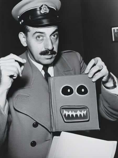 <lyco:Weegee:1.0> man displaying photo album of monsters photographed by weegee