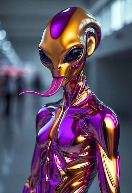 abstract male alien model in chrome latex shiny full body outfit  avant-garde style with reflective gold and purple bold Color Scheme   He has a small nose and slim mouth with a long tongue