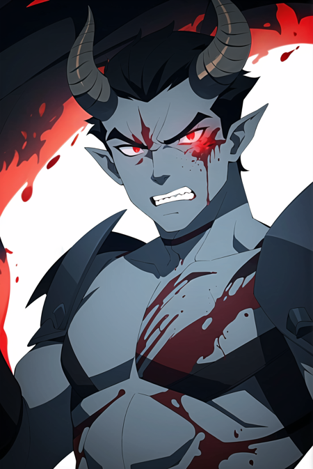 1boy, male focus, blood, red eyes, solo, horns, teeth, clenched teeth, wings, demon boy, colored skin, demon wings, looking at viewer, blood on face, upper body, black hair, armor, muscular, demon, glowing eyes, glowing, demon horns, blue skin, blood from mouth, angry,   ((masterpiece)) <lora:dcau_fantasy_offset:1>