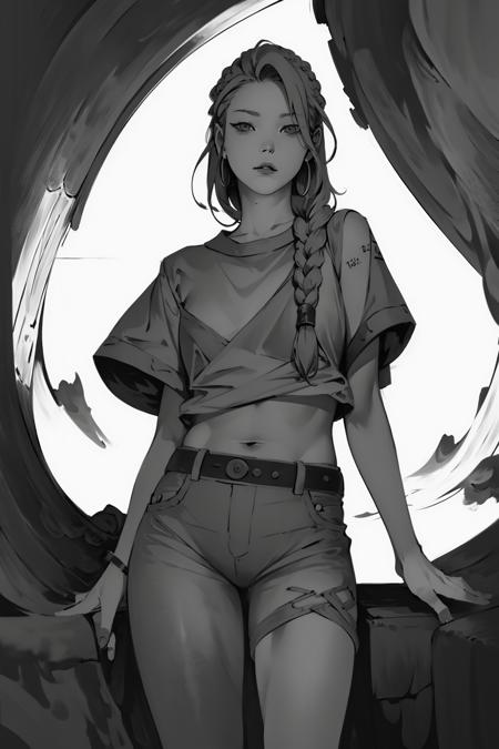 (monochrome), sketch, (hand well), (finger well), (long braided hair), (bangs), with in frame, ultra-detailed, 8k, masterpiece, beautiful detailed face, (volumetric lighting), beautiful detailed eyes, (ambient light), realistic shadows, (fullbody:1), (1girl), (cowboy shot), shirts, pants, looking at viewer, perfect body, body well:1, leg well:1, arm well:1