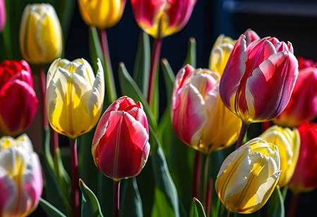 macro photo, close-up, masterpiece, 4k, ray tracing, intricate details, highly detailed, hyper realistic, 8k RAW editorial photo.
red, pink, yellow, blue, white tulips,lit by the sun, dramatic light, shallow depth of field,