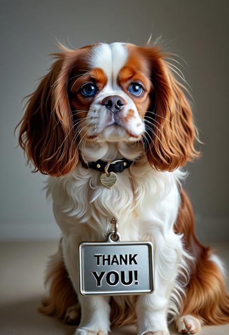masterpiece, ultra-detailed, hyper-realistic, cinematic lighting, beautiful dog Cavalier King Spaniel dog, long fluffy fur, striking blue eyes, sitting directly facing the viewer, calm and elegant posture, wearing a small collar tag or ID plate that clearly reads "Thank You", highly detailed fur texture, soft lighting, shallow depth of field, realistic whiskers and fur strands, subtle warm backlighting, photo-realism, pet portrait perfection,