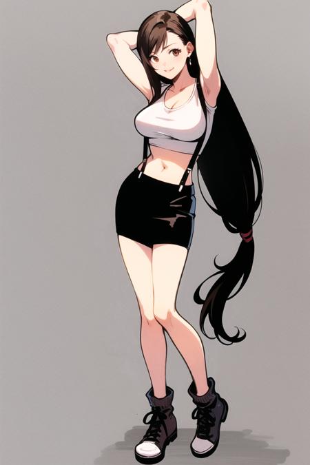 nomura tetsuya, tifa lockhart, final fantasy vii, 1girl, bare shoulders, black skirt, breasts, brown eyes, brown hair, crop top, large breasts, long hair, low-tied long hair, midriff, miniskirt, navel, simple background, skirt, solo, arms behind head, suspenders, white background, ((masterpiece)), full body, 

<lora:tifa_lockhart_offset:1> <lora:nomura_tetsuya:0.3>