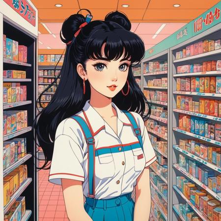 In the style of 90's vintage, anime art of a model inside a convenience store, Detailed art, Fine line art 90âs vintage anime