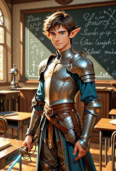 score_9_up, score_8_up, score_7_up, score_6_up. masterpiece, best quality, good quality, very aesthetic, absurdres, semirealism, RapierXL, cl4ssrm, fantasy, 8K, depth of field, focused subject, Elf knight:1.3, 19yo, androgynous, pointed ears, short brown hair, male haircut, blue eyes, wearing detailed armor, knight's armor, standing, light smile, holding sword, rapier, weapon, blue glowing sword,  indoors, chalkboard, classroom, podium, school desks,
