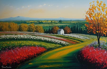 (style of Josh Adamski:1), scenery,a painting,scene painting, garden ,coppice ,arboretum ,ranch ,orchard ,thicket , Farmland/Cultivated ,