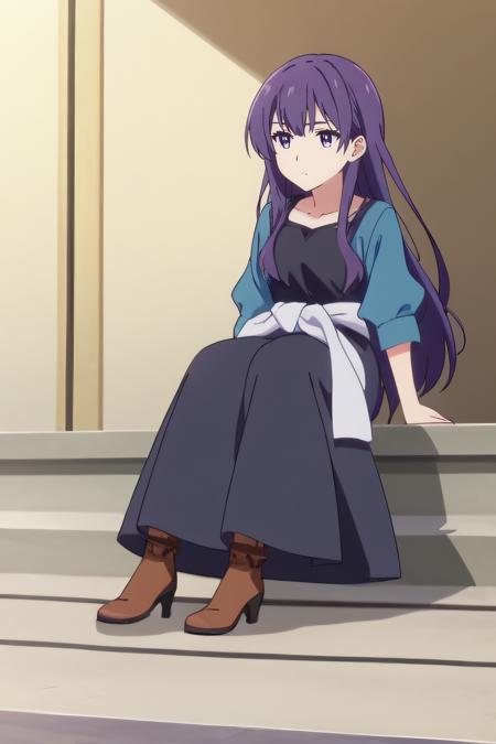 kazuha, long hair purple hair, purple eyes collarbone, black dress, blue jacket, long sleeves, white knot, white knot around waist