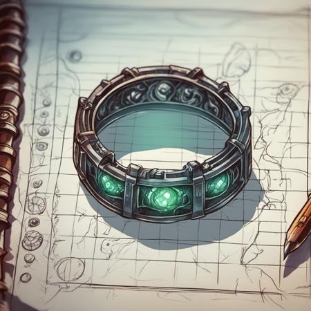 sketch of cursed evil horror ring on grid paper, conceptual style, cel-shading, detailed hands, Realistic, vibrant colors