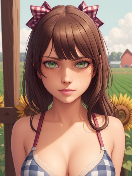 (cowboy shot:1.2), realistic, masterpiece, highest quality, high quality, highres, 1girl, realistic, masterpiece, detailed ilustration, (beautiful perfect detailed skin:1.1), (checkered shirt:1.2),no makeup,(bra:1.2),sexy, sexy body, standing, (detailed face:1.05), (green eyes:0.9),shiny eyes,(farmer:1.5), (detailed body:1.1), looking at viewer, (side smile:0.8), (freckles:0.9), short ponytail, side hair, hair on face, (long hairs:1.6),bangs, small hips, bow, hair bow, digital painting, soft lighting, smooth face, perfect eyes, insanely detailed, intricate, stunning gorgeous, detailed face, detailed eyes, (sunflowers),sun,(fence_behind:1.3),(by Wadim Kashin:1.25), (by Bob Byerley:1.2), (realistic photo:1.2), detailed illustration, detailed face and eyes, (by Vincent van Gogh:1.05)