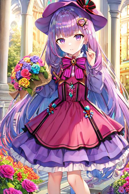 torino aqua style, crescent, bow, hat, striped, mob cap, bouquet, striped dress, pink flower, purple hair, ribbon, very long hair, 1girl, purple eyes, long hair, heart, dress, hair bow, blue flower, long sleeves, book, solo, rose, flower <lora:torino_aqua_style:1>