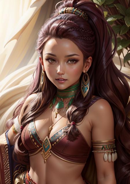 masterpiece, 4K, best quality, petra_timeskip, facial marks, long hair, tribal jewelry, brown crop top, sash, upper body, looking at viewer, turning head, dark background <lora:petra-nvwls-v1-000006:1.0>