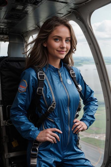 portrait photo of (lenikl woman:1.3), young, 20 years old,   (wearing a skydiver jumpsuit and parachute backpack inside a flying plane:1.2), standing on open door of flying plane, hair floating in wind, skydiving, ( aerial view over german landscape:1.2) , (full body portrait),  natural d-cup tits, (cleavage:0.6),  petite model, (symmetric face) ,for  magazine cover,  (cute smile:1.1), color,  Martin Schoeller, serious eyes, blue eyes, cinematic,  detailed skin, bodyhair, 50mm portrait photography, (medium shot:1.2) dramatic lighting photography, national geographic, portrait, photo, photography, Stoic, cinematic, 4k, epic, detailed photograph, shot on kodak detailed, bokeh, cinematic, hbo, dark moody, volumetric fog, (muted colors:0.6),   <lora:lenikl:0.9>       <lora:more_details:0.5>