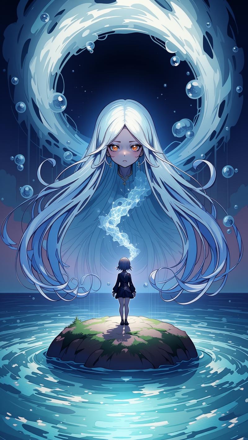 1girl, anime_girl, close-up,  In the midst of a vast, serene lake, a young girl stands on a small island. She has long, flowing hair that appears to be made of ethereal, swirling patterns resembling the Northern Lights or Aurora Borealis. The background is dominated by deep blues and purples, creating a mysterious and dramatic atmosphere. The girl's face is serene, with pale skin and striking features. She wears a dark-colored outfit with subtle patterns, the fabric gently rippling in the breeze. The water around her is crystal clear, with faint shimmering patterns beneath the surface. Suddenly, a group of water columns surrounds her, rising from the depths of the lake. The girl gazes at them with a cold, distant expression, her eyes fixed on something far beyond the horizon. The water columns seem to dance and sway in rhythm with the ethereal patterns in her hair, as if they were responding to an unspoken command. The overall style of the artwork is reminiscent of fantasy or supernatural genres, drawing the viewer into the mysterious world of the young girl and her water column companions.