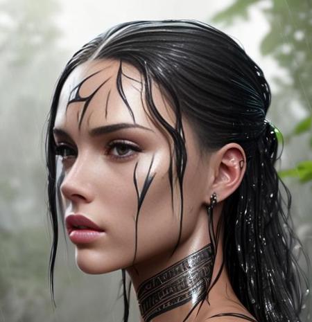 Heathered <lora:Heathered:0.9>  outside in the rain, soaking wet, ((big full glossy lips)) dank swamp, with tribal tattoos, (detailed facial features:1.15), Unreal Engine 5, 8K, HQ, HDR, amazing detail, intricate details, shallow depth of field, reflections, art by artgerm and greg rutkowski