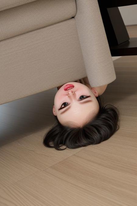 Bald sad doll girl crying on the floor under the table