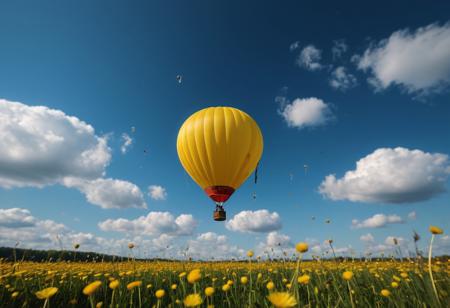 (((small hot air balloon in the center of the frame macro photography, dandelion field, warm light, blue sky with clouds, blurred))). highly detailed and hyper realistic photo, by Alena Aenami , by Archibald Thorburn , by Daniele Afferni , limited dark palette, unusual dark colors, faded colors, atmospheric haze, highly dramatic cinematic lighting, film grain,  professional, excellent composition, finest details, maximized details, ultimate detail level, masterpiece, best quality