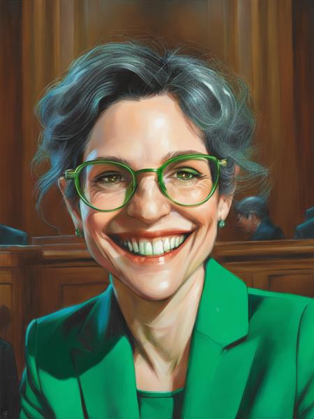 kru3ger_style, solo, Closeup portrait of (woman Sardruiss123) smiling, glasses, wearing green clothes, looking at viewer,  a (empty parliament room:1.1) at background, by artgerm and wlop, intricate detail, digital art, photorealistic, trending on artstation, vibrant, sharp focus, smooth painting