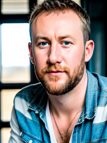 RAW photo of (AlexHorne:0.99) a man, wearing a white tank top, with a blue jean jacket , detailed face, realistic skin, high quality, (blue eyes:1.1), Leica 50mm, f1. 4, natural light, grainy, (high detailed skin:1.2), high detail