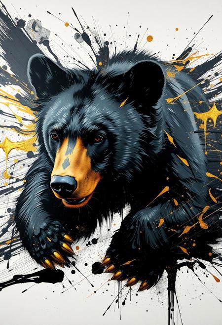 A hyper-stylistic, extremely detailed image depicts a breathtaking painting, crafted from a combination of smeared black and gold metallic paint. A bear is captured in a streaked motion, as if it is moving rapidly in one direction. The black paint is applied in bold, dynamic strokes, creating a sense of energy and movement that is contrasted beautifully by the golden accents. The gold paint is used to highlight the bear's features, adding a sense of depth and dimensionality to the image. The overall effect is one of breathtaking, surreal dynamism, as if the viewer has captured a fleeting moment in time. Every detail of the image is meticulously crafted, from the delicate, swirling patterns of the gold paint to the intricate, textured patterns of the black paint. The contrasts between light and dark, color and texture, create a sense of tension and energy that draws the viewer in, inviting them to explore the kinetic world of the painting. highest-Quality, intricate details, visually stunning, Masterpiece