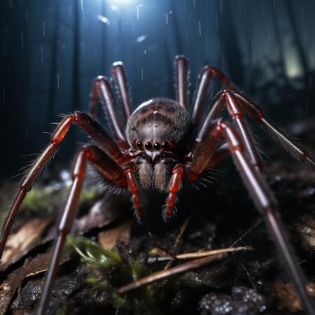 highly detailed documentary photo of giant spider:1.3,

((black body)), ((close-up)), blurry, dark forest, night,

masterpiece, best quality:1.1, 

ultra photoreal, photorealistic:1.0, sharp focus:1.1, 
depth of field:1.1, 

50mm, style of Nathan Wirth, Hasselblad X1D II, Porta 160,
