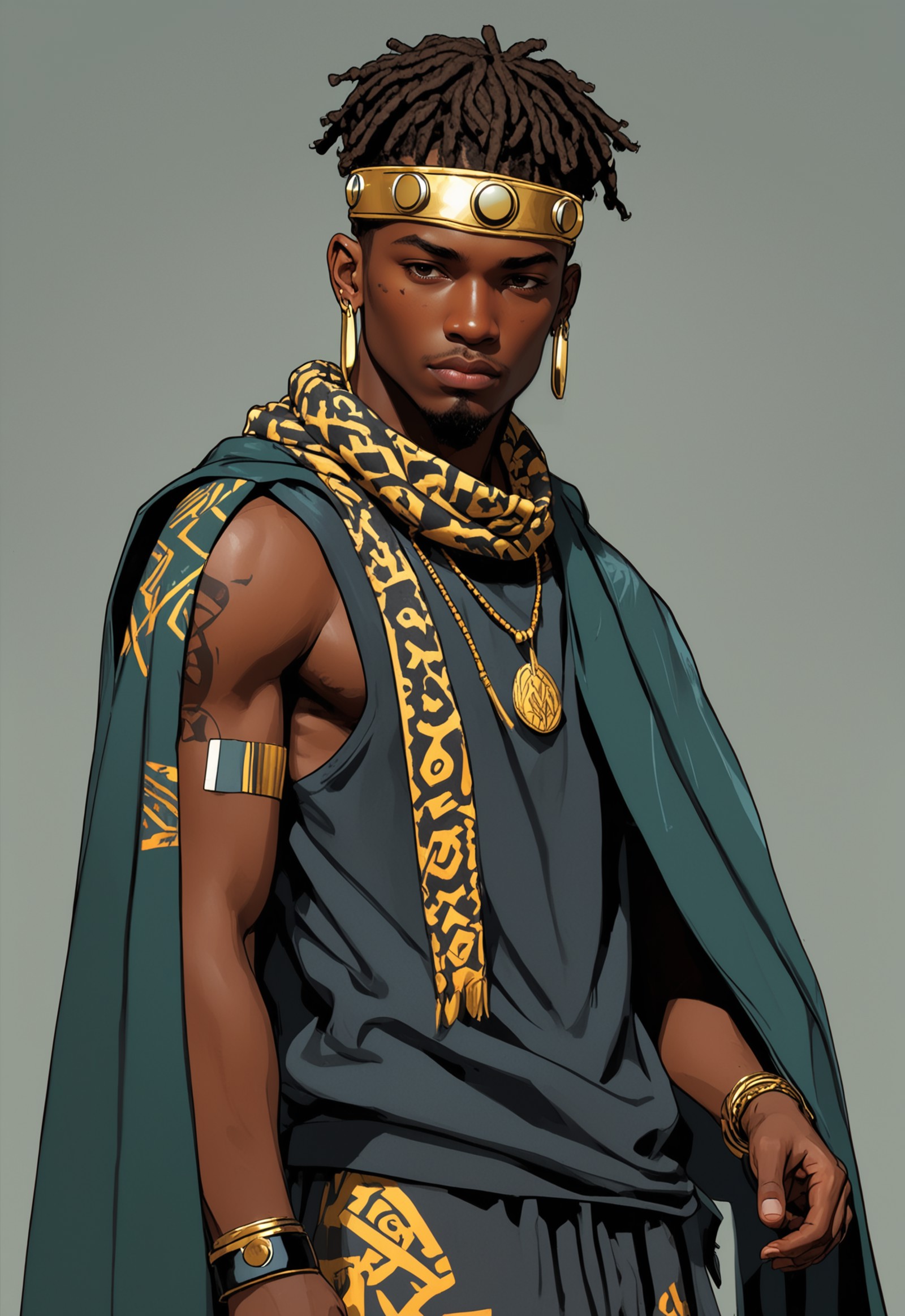 character concept art with dynamic poses for a young African Prince hair of braids, wearing track suit, tribal print cloak...