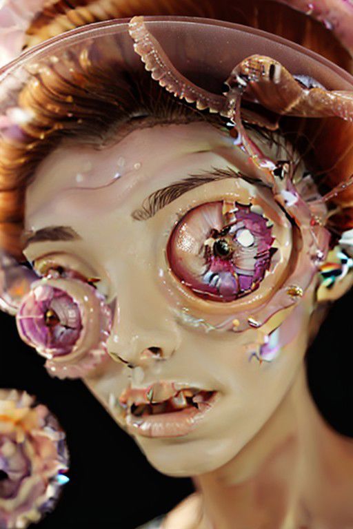 A person with a unique appearance, featuring an eye with purple flowers and a tooth sticking out of their mouth.