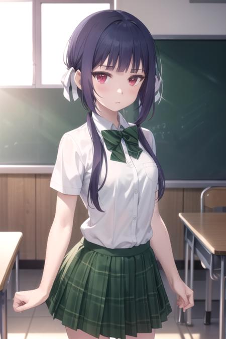 (extremely detailed CG unity 8k wallpaper), (masterpiece), (best quality), (ultra-detailed), (best illustration), (best shadow), (absurdres), 1girl, solo, <lora:ringo:0.8>, ringo kinoshita, small breasts, looking at viewer, school uniform, white shirt, green bow, short sleeves, green plaid skirt, standing, arms at sides, classroom, (from side:0.7), pov