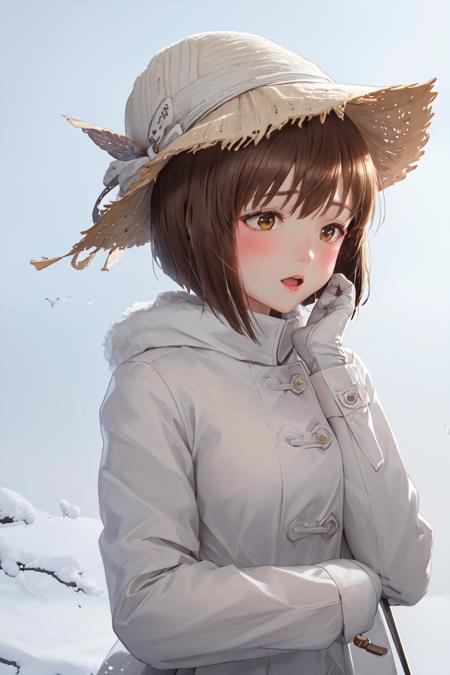 highres, sharp focus, pixiv masterpiece, ((intricate details)), highly detailed,hagiwara_yukiho, 1girl, solo, brown hair, hat, blush, gloves, brown eyes, open mouth, looking at viewer, short hair, hands on own face, hands on own cheeks, white headwear, coat, bob cut, winter clothes, white gloves, long sleeves, white coat, white border, border, bangs, breath, blue background, simple background <lora:Hagiwara Yukiho_Idolmaster:1>