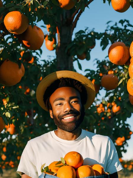 A high res photo of donald glover with a beard <lora:donald:1> in jean overalls, white t-shirt, floppy farmers hat, looking at the camera, standing in field of (fruit trees), holding a basket of oranges