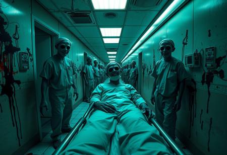 score_9, score_8_up, score_8_up, 8k, absurdres, photorealistic, hospital hallway, flickering lighting, creepy, green fluorescent lighting, paint peeling from walls, tiled floor with smears of blood, black oil oozing from walls, multiple surgeons with very long fingers and blood on their scrubs, surgeons have lotus pods where eyes should be, surgeons are smiling towards camera, black oily skin, creepy, pov shot, wide angle, stretcher, looking up at doctor, first person view