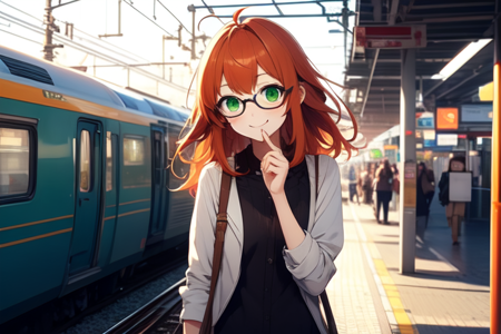 futabatoshiaki,1girl,glasses,middle hair,kinky_hair,orange red hair,green eyes,ahoge,