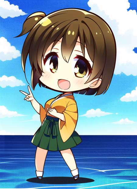 (masterpiece), (best quality), (ultra-detailed), (best illustration),(best shadow:0.7), (an extremely delicate and beautiful), finely detail, (manga), 1girl, (hiryuuchan) from kantai collection, short hair, brown hair, (brown eyes), (orange) kimono, green hakama, green hakama short skirt, green hakama skirt, ribbon, smile, finely detailed iris, blush, medium breasts, (one side up), standing, blue sky, ocean, white cloud, open mouth, peace sign, chibi