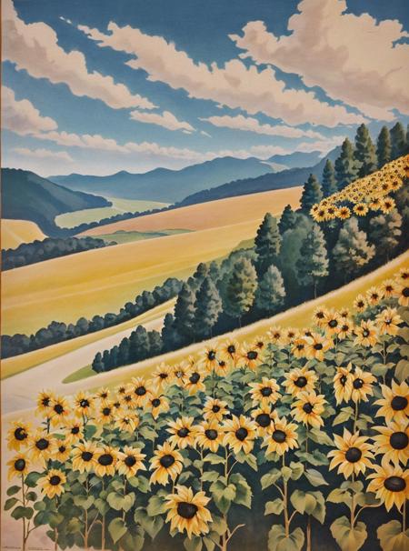 (masterpiece,best quality),vintage poster,
sunflowers,petals,sky,moutain,tree, <lora:rugu_v3:1>