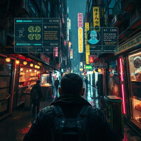 POV view of a person walking through a neon-lit alley in a dense cyberpunk city at night.
Augmented reality interface overlays the entire scene, projected from smart glasses:
– Holographic UI panels floating mid-air (navigation arrows, encrypted messages, facial ID scans).
– Street vendor marked with live crypto prices and toxicity level of food.
– NPCs auto-tagged with names, threat level, faction tags.
– Flickering ads being blocked by real-time ad-shield.
– Environmental data like air quality, humidity, and biofeedback vitals displayed on side HUD.
The alley is dripping with rain, neon reflections pulse in puddles, and distant gunfire echoes.
Highly detailed, cinematic cyberpunk AR vision, deep depth of field, futuristic interface, gritty urban realism, 8K, immersive atmosphere.