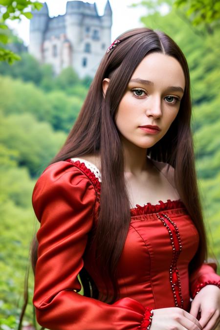 a beautiful woman, in a red queen dress with long sleeves, in a forest paradise, castle ruins in the background, looking at camera, (upper body, close up), candid, amateur, (raw, 8k, uhd, fujifilm xt3), sharp focus, [natural skin, highly detailed face], <lora:oliviaHussey:1>