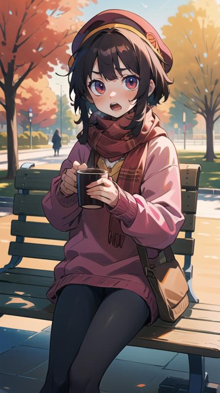 meguminrnd, pink sweater, plaid scarf, autumn, beret, coffee cup, holding cup, looking at viewer, necklace, open mouth, outdoors, pantyhose, park, park bench, sitting, solo, tree, winter clothes, <lora:megumin_v3:0.8>