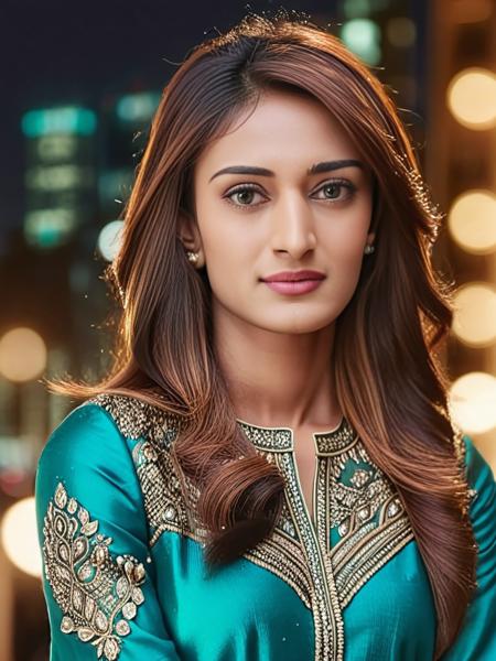 portrait photo of Erica Fernandes woman, wearing conservative intricate Teal colored clothing, , , looking at the camera, night time,soft lighting, city lights in bokeh <lora:Erica_Fernandes_SDXL_LoRA_adafactor:1>