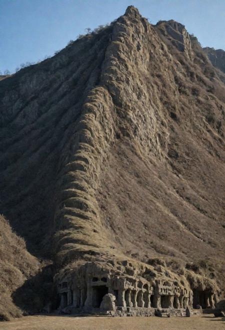 (Cult temples), worship routes, Surreal, a strange looking mountain with lots of strange chiseled rocks y mouth and chiselled teeth, uncanny, deep shadows, random noises,(landscape focus:1.1), 
mayamaze, OverallDetail, island