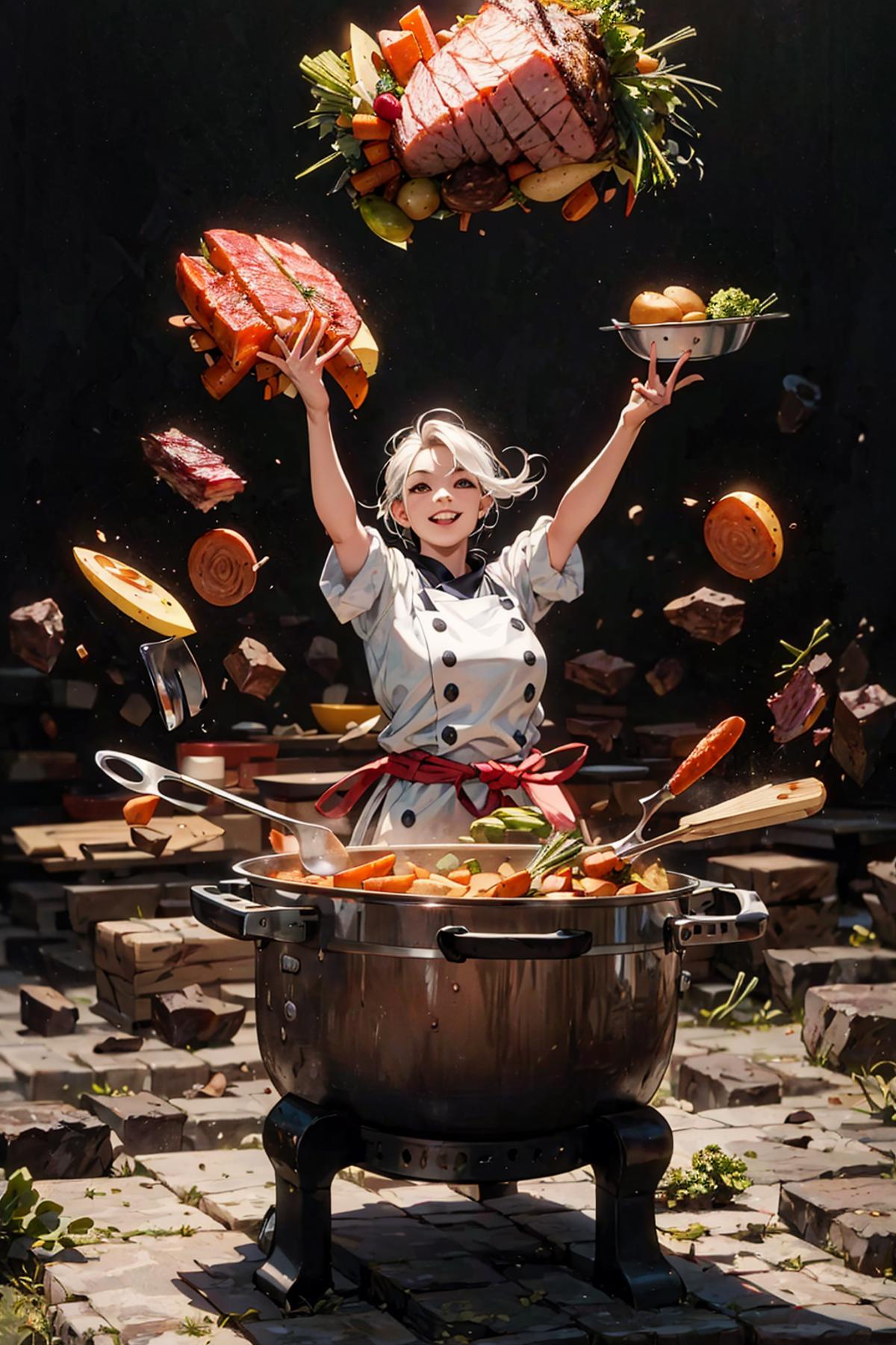 A woman in a chef's outfit preparing a meal with various ingredients and utensils.